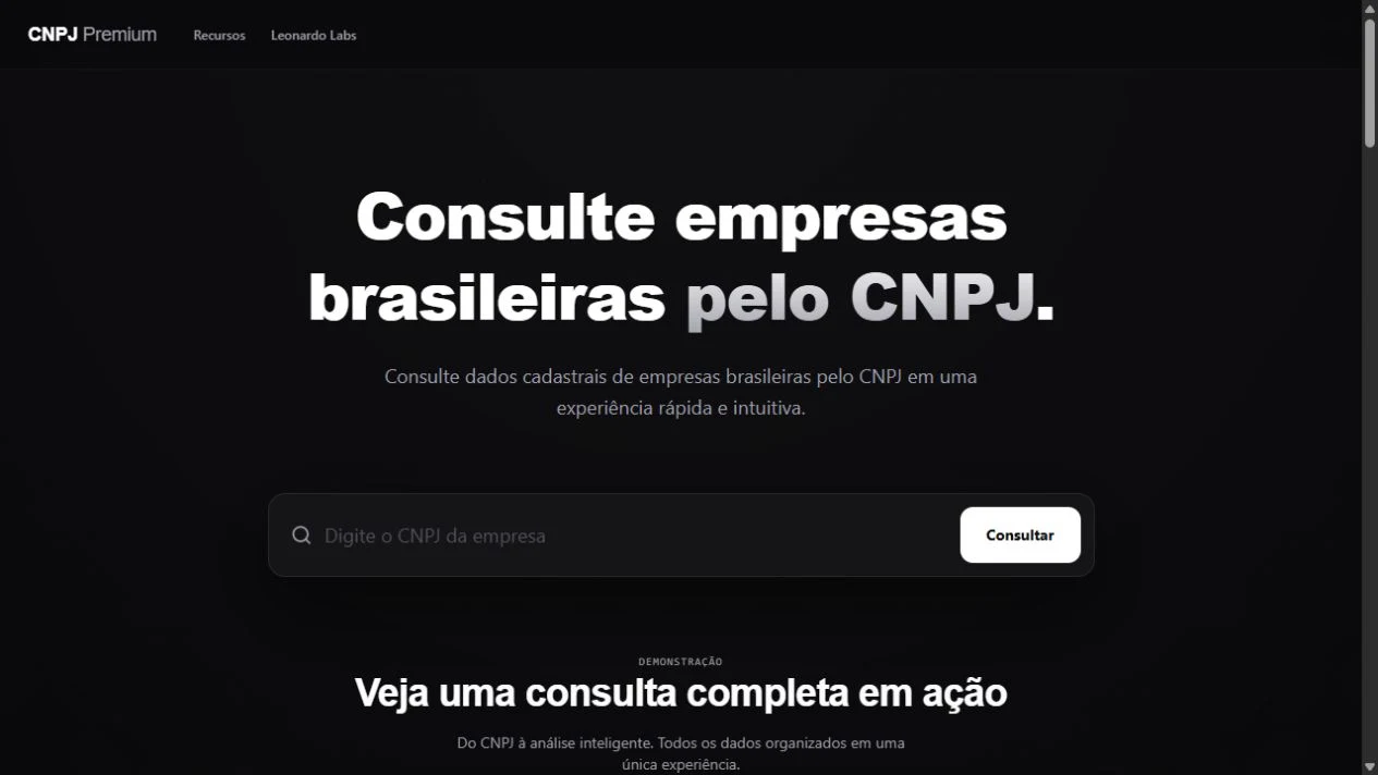 Página inicial do CNPJ Premium com campo de consulta empresarial